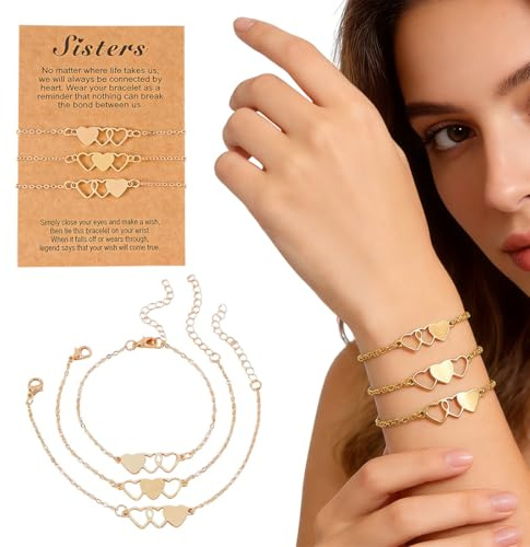 CEJAS 3 Pezzi Braccialetto Dell'Amicizia per 3 con Ciondolo a Forma di Cuore, per Ragazze e Donne, Ideale Come Regalo di Compleanno per la Migliore Amica(Dorato)