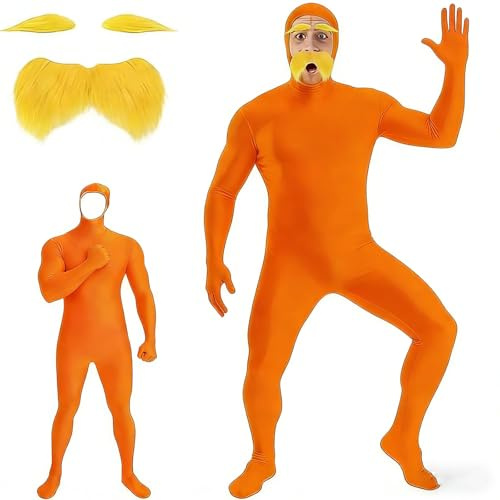 AOMAIGAD Disfraz Lorax, Disfraz de Lorax para Adultos, Disfraz Completo Naranja con Barba y Cejas, Ideal para Hombre y Mujer en Fiesta Temática, Halloween o Carnaval (M)