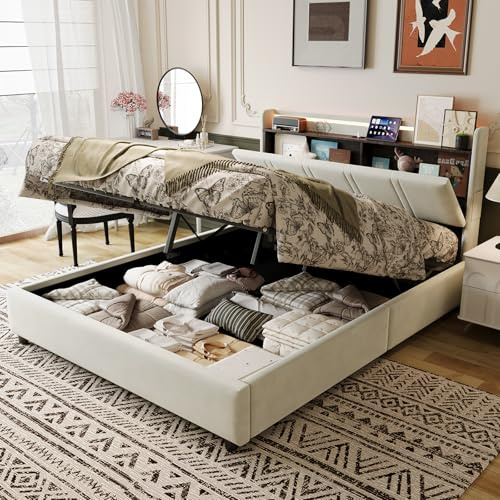CJHXE Canapé Abatible 140x200 cm con Almacenaje Hidráulico, Cama de Matrimonio Tapizada con Luces LED y Puerto Type-C, Estructura de Cama Doble con Somier y Cabecero, Beige (Sin Colchón)