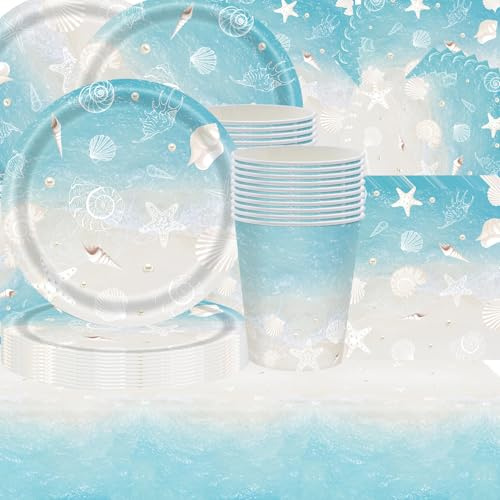 Set di stoviglie da 61 pezzi, blu spiaggia estiva con conchiglie per feste in spiaggia, feste di compleanno, con tovaglie, bicchieri di carta, tovaglioli e piatti di carta, adatto per 20 ospiti
