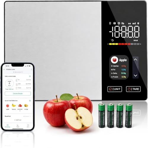 Küchenwaage digital mit Kalorienzähler & Nährwertberechnung | Smart Waage mit Bluetooth, App & TFT Display | Tara-Funktion, Edelstahl | Lebensmittelwaage für Diät, Fitness, Kochen