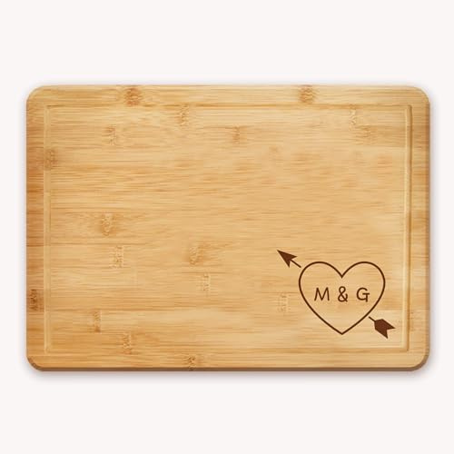 Personalised Wedding Gift or Anniversary Chopping Board | Cheese Board | Cutting Board, a Nice Present for Valentines Day - Customised Initials in a Heart with Arrow in The Corner