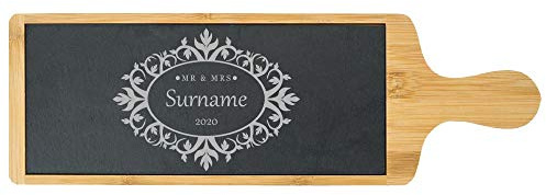 Personalised Engraved Bamboo and Slate Slate Cheeseboard with Mr and Mrs Design, Personalise with Any Name and Year, Perfect for Weddings and Anniversaries