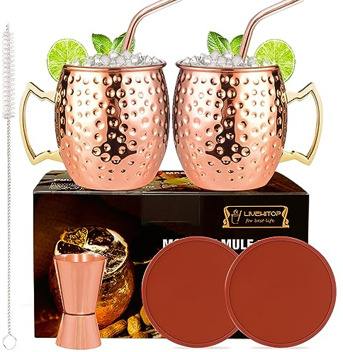 LIVEHITOP Moscow Mule Becher 2er Set, 19.5Oz Kupferbecher mit 2 Silikon Untersetzer, 2 Strohhalme, Jigger & Strohbürste, Seine & Ihr Geschenk für Zuhause, Bar, Party