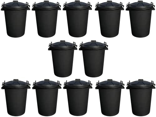 JMS we create smile 50 Litre 50L Large Heavy Duty Plastic Bin Dustbin Storage Unit with Locking Lid for Home Garden Rubbish Waste Animal Feed (12, Black Bin)