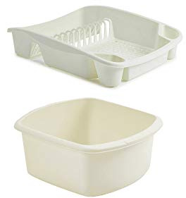 Galleries Plastic Small Washing up Bowl and Small Dish Drainer Rack Kitchen Plate Holder Set of 2 (Cream)