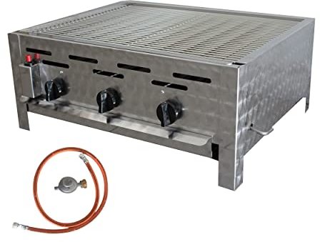 BSR-Grillen 3-flammiger Profi Gasgrill aus Edelstahl, stufenlos regelbar, Gasbräter, Gastrogrill, Gastrobräter, Gasschlauch und Druckminderer (13,5 kW | Edelstahl Grillrost zerlegbar)