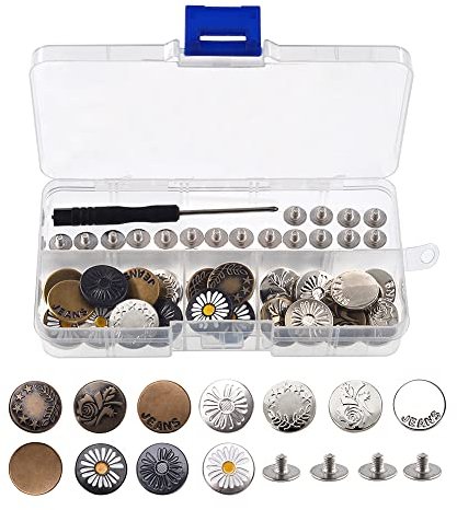 VooGenzek 22 Sets 17mm Ersatz Jeans Knöpfe, Nähfrei Abnehmbare Denim-Pins, Nagelloser Metallknopf für Jeans, Jacken, mit Gewindenieten und Schraubendreher, Messing/Silber/Schwarz in 11 Modelle
