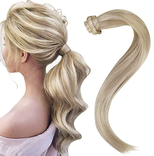 Easyouth Zopf Ponytail Extension Echthaar Blond Pferdeschwanz Haarteil Extensions 35 cm 70g Farbe Aschblond Mix Gelb Blond Clip in Zopf Extension Echthaar #18P613