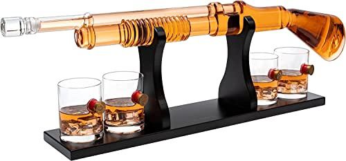 Shotgun Whiskey Dekanter Set - Limited Edition - 800ml & 4 12oz Bullet Glasses - Unique Gift - Drinking Party Accessory, Handmade Gun Liquor Dekanter, Tik Tok Gun Dekanter Gifts for Dad