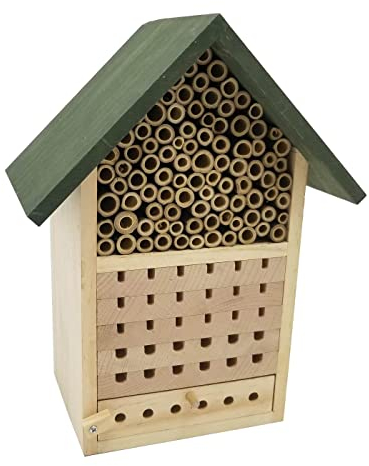 Dehner Natura Premium Insektenhotel Locarno, Insektenhaus / Nistkasten für Bienen/Schmetterlinge/Käfer, ca. 22.5 x 29 x 14 cm, Kiefernholz/Bambus, grün/natur