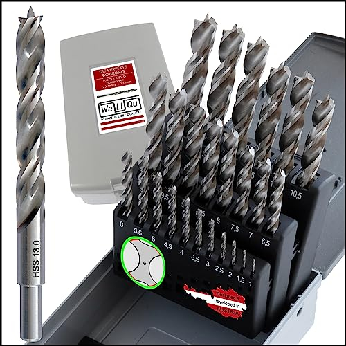 WELIQU 25-tlg. Holzbohrer Set 1-13 mm für Hart- und Weich-Holz - ACHTUNG: Sehr scharfe Bohrer aus widerstandsfähigem HSS-G Stahl in 0,5 mm Schritten