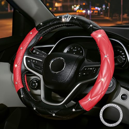 coofig Lenkradbezug Glitzer Universal Lenkradhülle Leder Universal 38cm/15 Inch Strass Lenkrad Bezug Atmungsaktive Steering Wheel Cover Auto Zubehör Innenraum Frauen (Schwarz Rot)