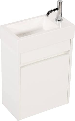 Saqu Florence Gäste WC Waschbecken mit Unterschrank Vormontiert - in glänzendem Weiß mit Mineralmarmor-Waschbecken rechts - Kleines Gäste WC Bad Möbel mit Waschtisch