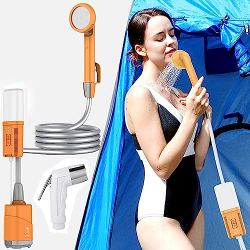 COSWE Portable Camping Shower, Outdoor Camp Pump with Rechargeable 4400mAH Battery and 130LM Led Lighting Device for Camping Hiking Outdoor Beach Garden (Orange with Lantern 4400mAH)