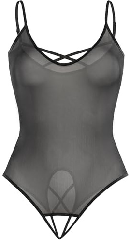 Teyli bodysuit dam body elegant – mesh top body dam – body dam bodysuit dam, svart, 3XL
