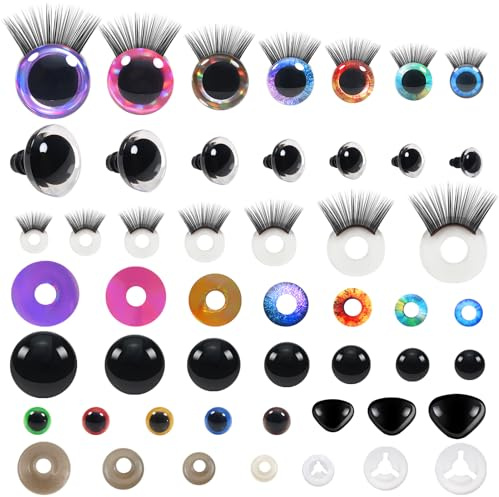 TOAOB 100 Stück 10mm bis 30mm Puppenaugen Sicherheitsaugen Kunststoff Basteln Augen Schwarz Bunte Knopfaugen Nase Glitter Spielzeug Augen Mit Wimpern für Häkeltiere Puppe Plüschtier Teddyaugen