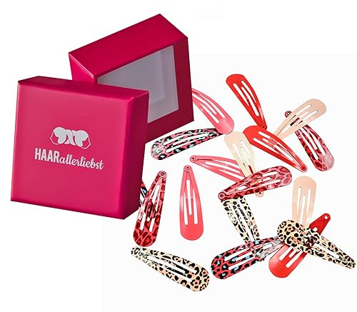 HAARallerliebst® 18 Stück Haarspangen Mädchen Damen, bunt, Haarklammern in 6 Farben (Leo Print, rosa, pink, rot), 50mm Baby Kinder Haarklammer, inkl Schachtel Haarspange Haarschmuck