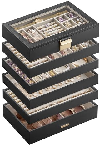 SONGMICS JBC195B01 - Plateau à bijoux empilable - 6 niveaux - Grande boîte à bijoux - Couvercle en verre transparent - 17 x 28 x 25,3 cm - Pour coiffeuse - Idée cadeau - Noir encre