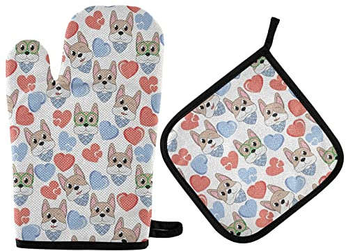 Ofenhandschuhe Niedliches Hunde-Herzform-Muster Topflappen Set Thermoisolierung Topfhandschuhe Waschbare Grillhandschuhe Für Backen BBQ Mikrowelle