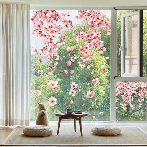PLIGREAT Cherry Blossom Window Clings 9 Sheets Pink Flower Static Decals Anti-Collision Removable Stickers for Glass Doors Windows Nursery Living Room Bedroom Decor