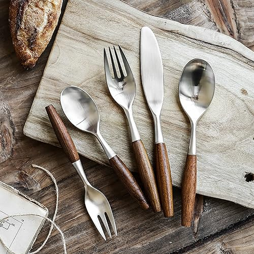 Ensemble d'argenterie de luxe en bois de qualité supérieure pour 6 couverts modernes, ensemble de 24 pièces avec manche en bois, ensemble de couverts en acier inoxydable 18/10, ensembles d'ustensiles