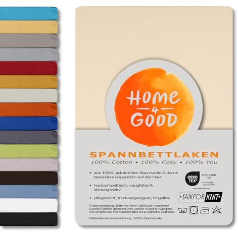 home4good Spannbettlaken 120x200cm – Jersey-Spannbetttuch aus 100 % Baumwolle – Oeko-TEX 100 Zertifiziert – bügelfrei, elastisch & atmungsaktiv – für 15–25 cm Matratzenhöhe - Creme