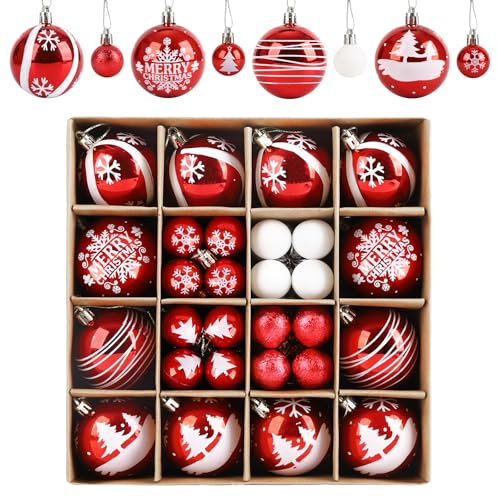 ilauke 44 Bolas Arbol de Navidad,3/6cm Bolas de Navidad Rojas y Blancas Inastillables,8 Estilos Adornos de árbol de Navidad, Decoraciones de Navidad Colgantes para Bodas,Fiestas,Decoración Hogar
