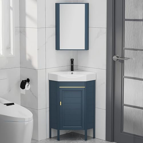 LLYLAFDC Eckwaschbecken Mit Aufbewahrungsschrank， Eckwaschbecken Mit Unterschrank，waschbeckenunterschrank Klein，freistehendes Waschbecken，Keramikspüle, Marineblau, Schrankset Mit Tür(15in/38cm)