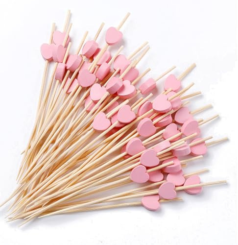 Cocktail Sticks - 100 Pcs Toothpicks Wooden, Pink Hearts Natural Cocktail Sticks Skewers Fruit Finger Food Sticks Toothpicks Decorations for Party Supplies, Drinks, Fruit, Cocktail Garnish
