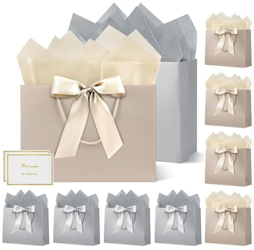 HONTIUS Geschenktüten, 10 Stück Geschenktüte Hochzeit Geschenktüte Groß mit 10 Grußkarten 10 Seidenpapier, 32*25*12cm Geschenktaschen für Weihnachten Geburtstag Hochzeit (G, 12.59''x 9.84''x 3.94'')