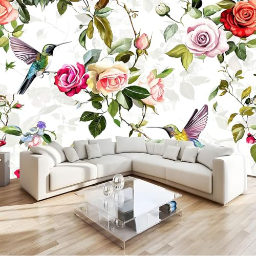 Retrò Carta da Parati 3d colibrì fiore rosa Fotomurali in TNT Sfondo Murale Moderne Decorazione Soggiorno Camera de Letto Sala Ufficio TV Sfondo 250x175 cm