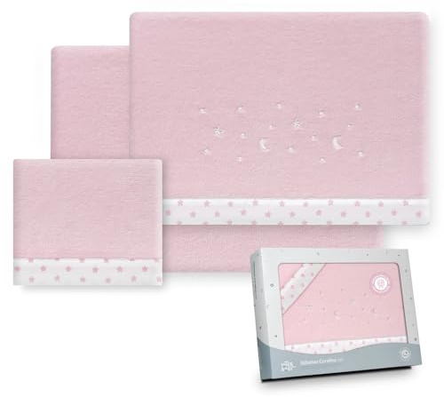 Interbaby - Juego Sabanas Carrito Bebe 40x80 Poliester 100% | Sabana Cuna Coralina, Cálida | Incluye Sabana Bajera, Encimera y Funda de Almohada | Ideal para Invierno | Estrellas Luna Rosa