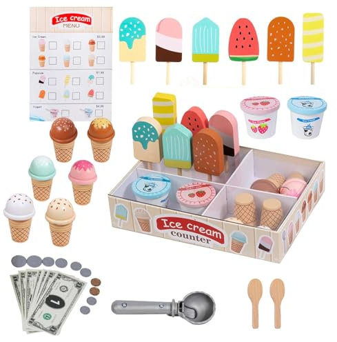 Bettinay Kids Ice Cream Play Set, Wooden Ice Cream Shop Pretend Food Toys