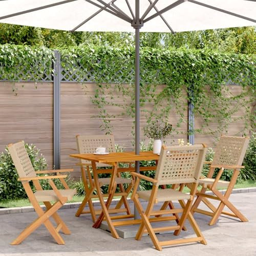 Homgoday Set da pranzo da giardino 5 pezzi rattan PE legno massello beige, sedia tavolo cucina esterno terrazza patio balcone mobili