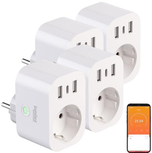 Luminea Home Control Steckdose mit Buchse: 4er-Set WLAN-Steckdose m. Energiekostenmesser, 1x USB-C 20W, 2x USB-A (WLAN-Steckdosen mit Buchse, mit Energiemessung, Dose)