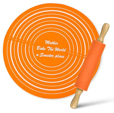 Thatyro Silicone Rolling Pin Backing Mat Set, 13 Dough Roller with Non Stick Pastry Sheet, Small Fondant Roller Round Kneading Mat for Bread Cookie Pie Pizza Sourdough Kitchen (Orange)