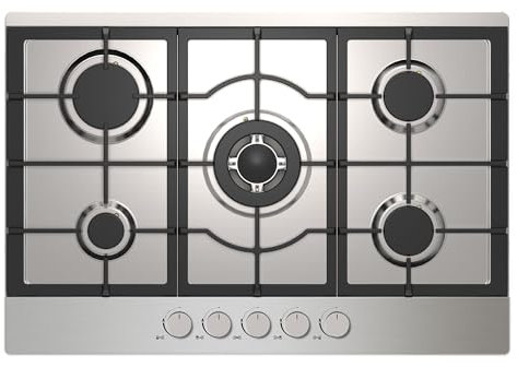 Statesman GH175SS 5 Burner Gas Hob Cooktop, Front Dial Control, Automatic Ignition, 5 Burners: 1 Wok, 1 Rapid, 2 Semi-Rapid and 1 Simmer, 75 cm, Front Dial Control, Automatic Ignition, Stainless Steel