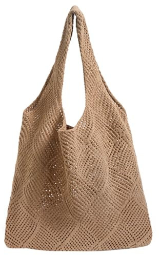 Augesak Strandtasche Damen, Häkeltasche Beach Bag, Gestrickte Umhängetasche Sommer, Strandtasche Netz für Urlaub Reisen Strand Sommer und Alltag (Braun)