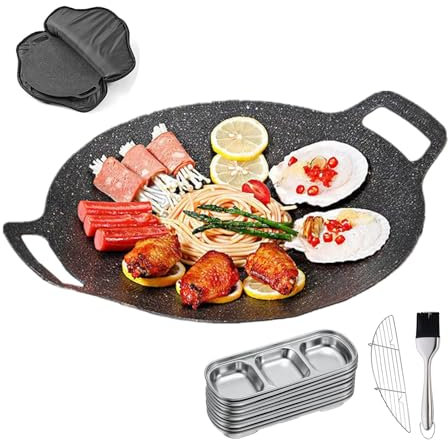Poêle griller coréenne 2025, ustensile de cuisine antiadhésif de 13 pouces, ronde, en fonte d'aluminium, multifonctionnelle, revêtement 6 couches, plaque de cuisson avec 10 compartiments acier
