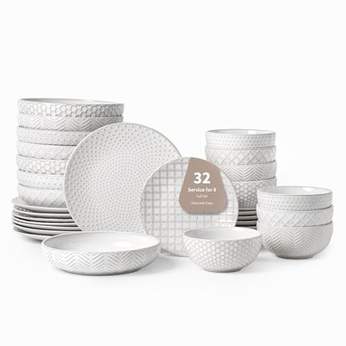 FOBENTA 32-Piece Luxury Dinnerware Set,Complete Plates and Bowls Set for 8,Upscale Ceramic Dish Set for Hosting, Holidays & Family Gatherings–Microwave & Dishwasher Safe