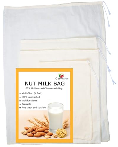 Carrollar 4Pack Nut Milk Bags,4 Sizes Unbleached Cotton Cheesecloth Bags,Food Strainer Bags,Reusable Muslin Strainer Bags for Yogurt,Juice,Wine,Cheese making(8x12/12x14/12x16/16x22)
