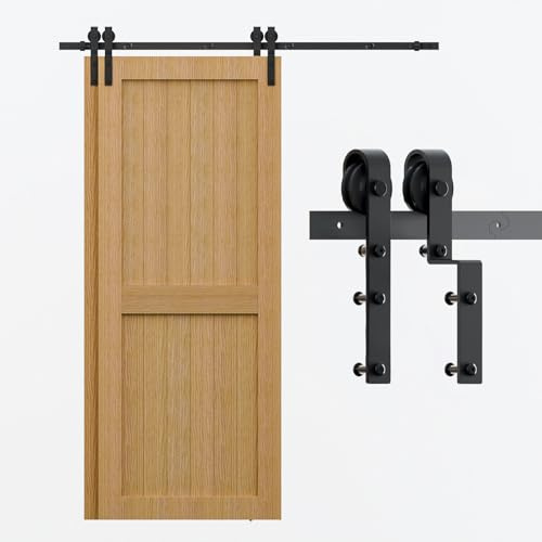 229CM/7.5FT Bypass Schiebetürbeschlag Doppeltür Schiebetüren Schiebetürsystem Komplettset Laufschiene Rollen Set Schwarz für 2 Holztür 108cm Breit, J-Form