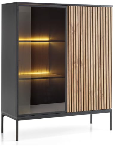 Komodee Laval WT104 – vitrinskåp med LED-belysning, Wotan, ek svart, bredd 104 cm, höjd 126 cm, djup 39 cm