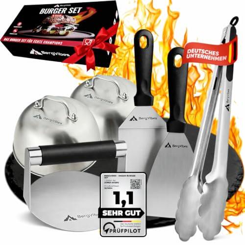 BERGVIBES Smash - Juego de 6 piezas para hamburguesas, acero inoxidable, para plancha, 2 campanas, prensa para hamburguesas, smasher, espátula, pinzas para barbacoa, juego de regalo ideal (exclusivo)