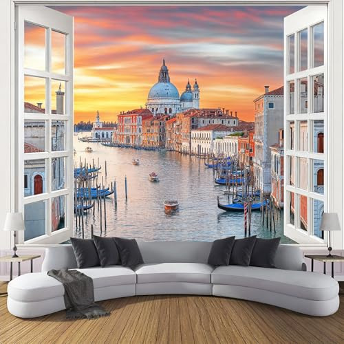 Fotomurales 200×150cm Ciudad Agua Venecia Desde Ventana Papel Pintado Tejido No Tejido,Italia Ciudad Fotomural Efecto 3D Papel Tapiz XL Decorativos pared Murales Amarillo Póster para Dormitorio