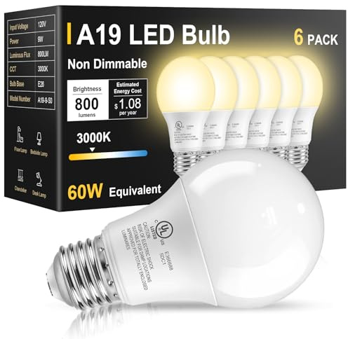 TJOY 6 Pack LED Light Bulbs 60 Watt Equivalent, Soft Warm White 3000K A19, Efficient 9W, E26 Standard Base, 800 LM Energy Saving Lightbulbs for Home Bedroom Living Room Office, Non-Dimmable, UL Listed