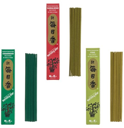 Nippon Kodo Morning Star – Pack 3 Variedades de Incienso Japonés | 50 Barritas + Incensario Cada Caja | Aromas Sándalo, Cedro, Pino, Almizcle, Lavanda, Rosa, Pachuli y más