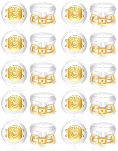 JUKOTA 20 Piezas 18K Oro Cierre Seguro Silicona Atrás Pendientes Reemplazos para Péndulos/Orejas Caídas No-Irritante Hipoalergénico (Oro)