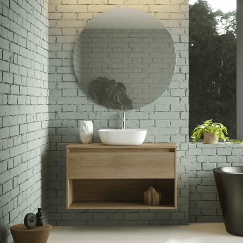 Mueble de Baño Suspendido con Lavabo Sobreponer Cerámico| Mueble Volado 1 Cajón y 1 Hueco | 100 cm Roble Natural
